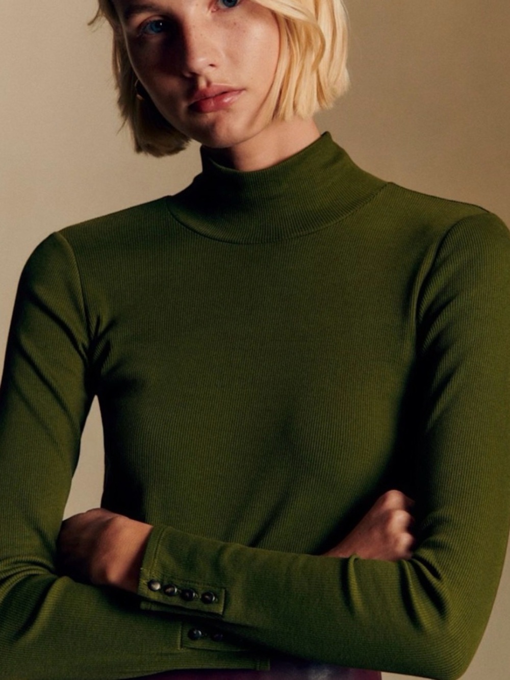 Sezane Olive Ribbed Turtleneck Top